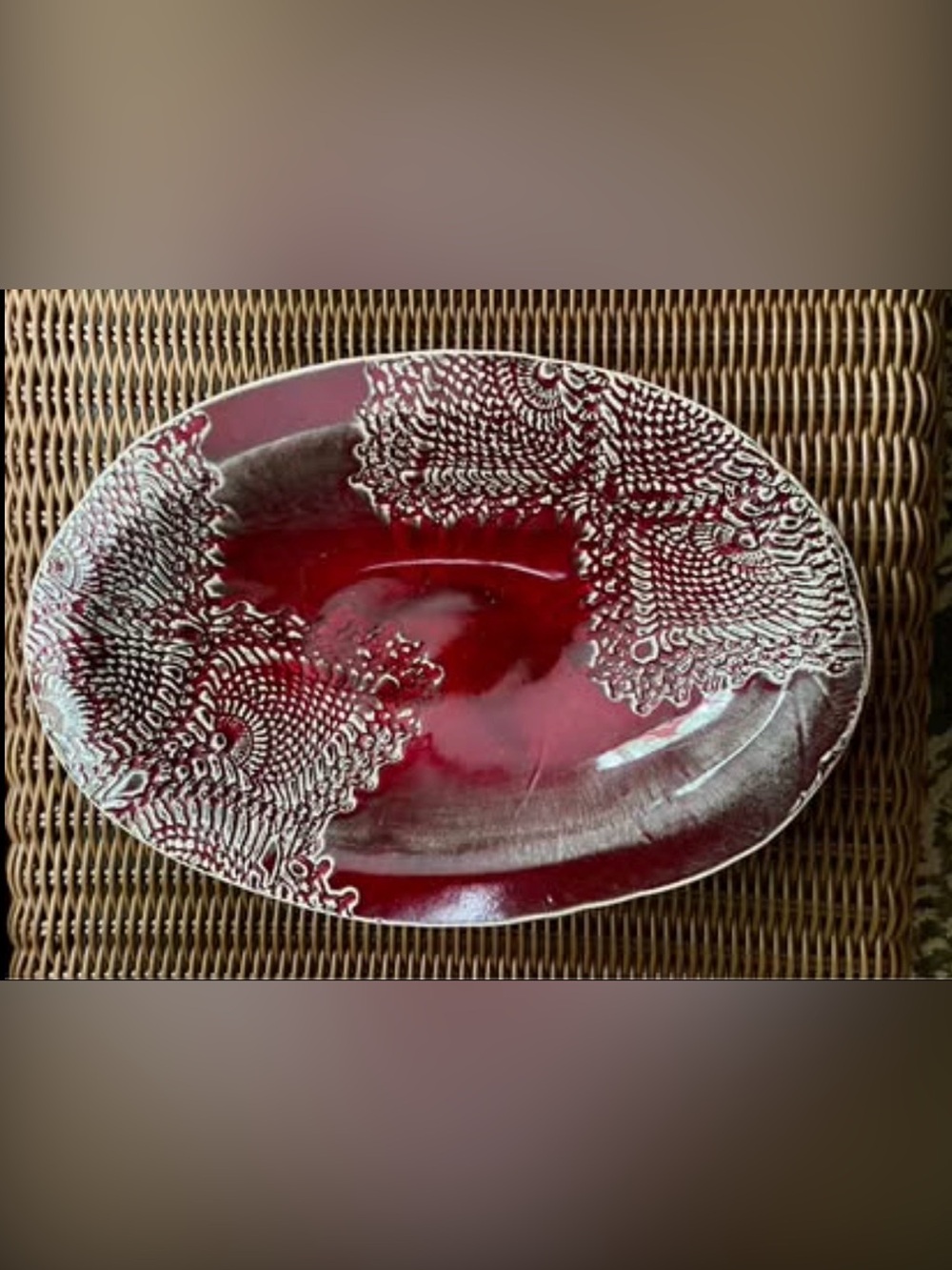 Handmade Original  Bantam Tileworks Studio Art Pottery 12" Lace Red Bowl